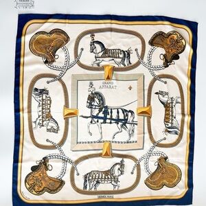HERMES 100% silk scarf Carre 90 GRAND APPARAT Scarf Multicolor blue border
